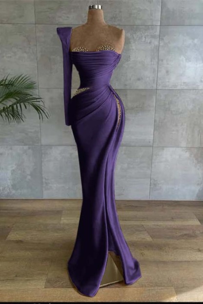 One Shoulder Long Sleeve Long High Split Prom Dress With Beading