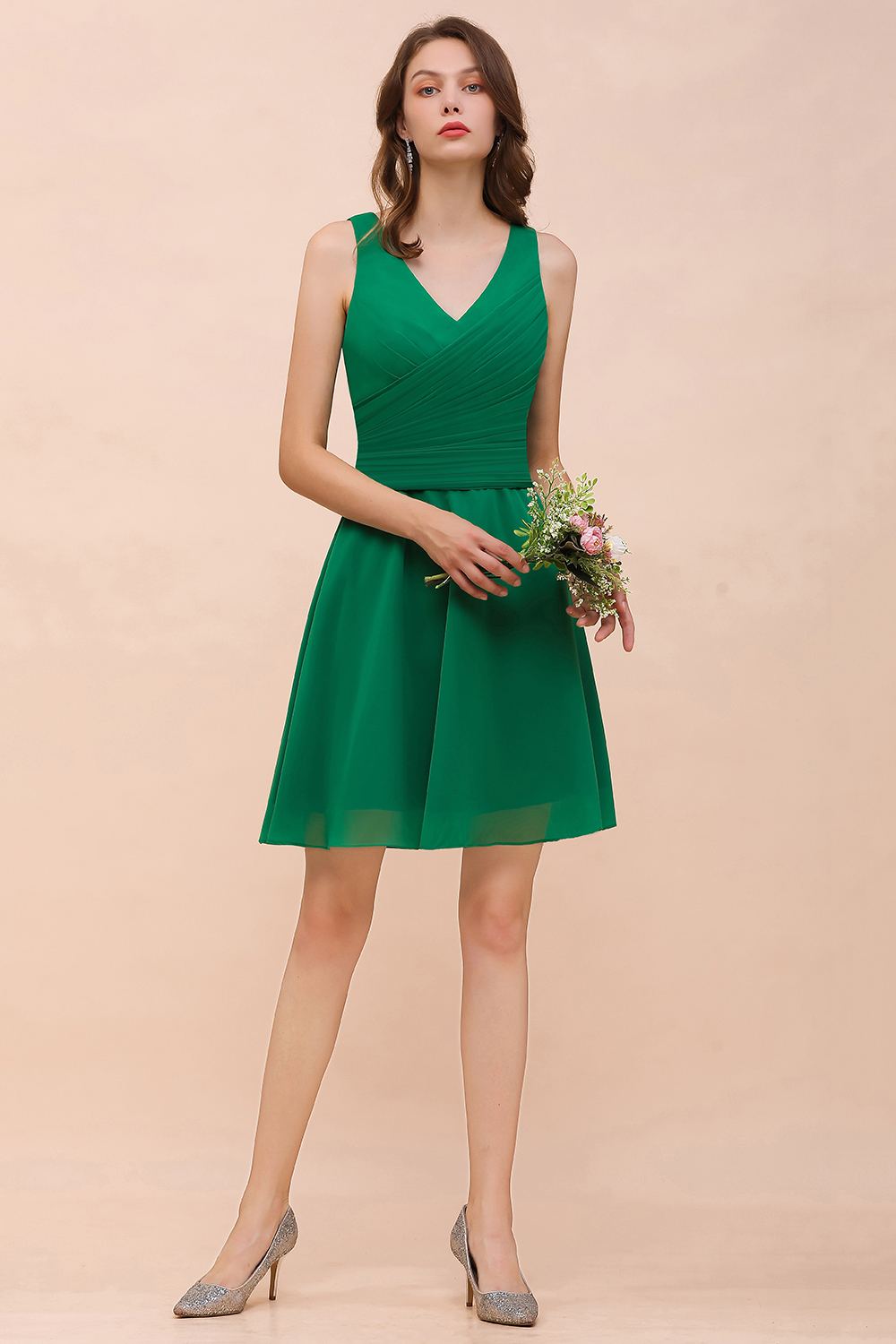 BMbridal Affordable V-Neck Sleeveless Ruffle Short Bridesmaid Dress-BMbridal
