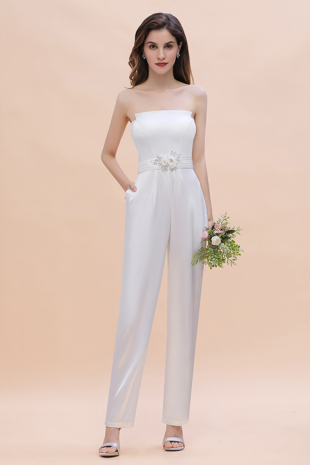 BMbridal Fashion Strapless Satin Sleeveless Bridesmaid Jumpsuit with Beading Flowers On Sale-BMbridal