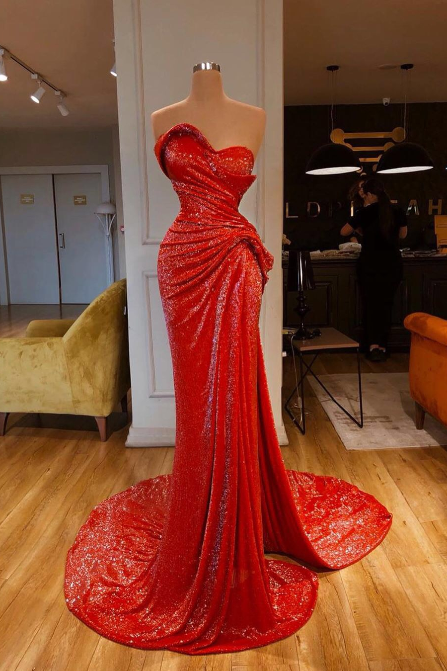 Strapless Sweetheart Sleeveless Long Mermaid Prom Dress Red With Sequins