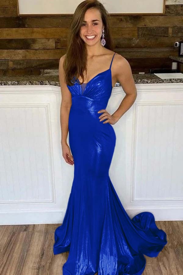 Spaghetti Strap Sleeveless Long Mermaid Prom Dress With Ruffles