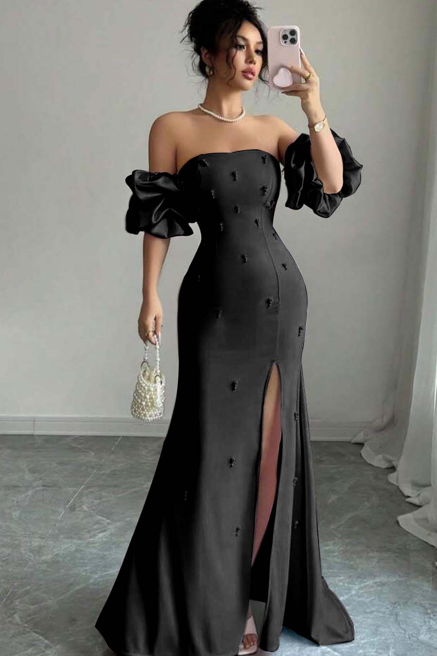 Strapless Bubble Sleeves Long Split Prom Dress With Beading