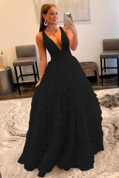 Elegant Deep V Neck Tulle layers Prom Dress With Sleeveless Online Lilac