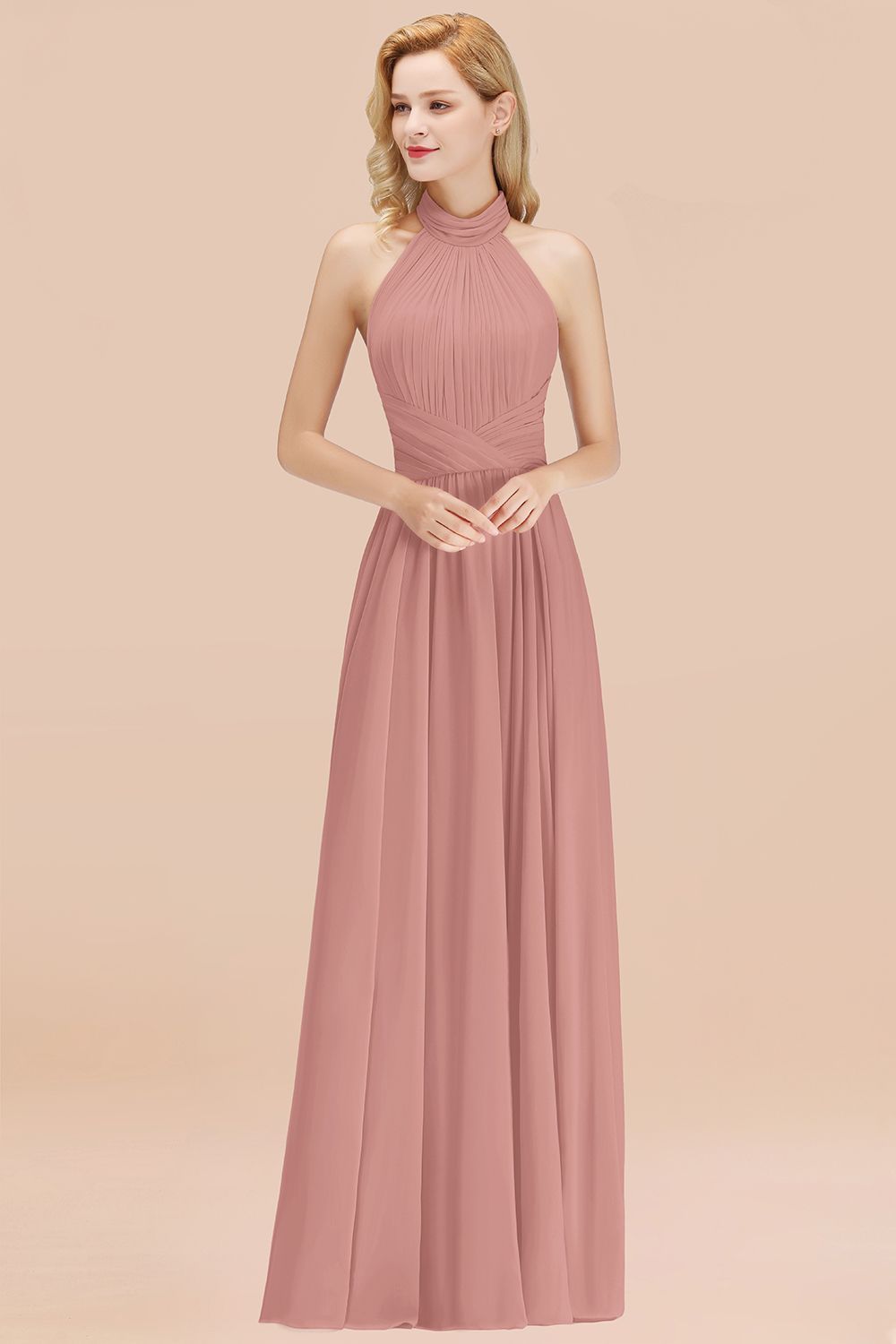 BMbridal Gorgeous High-Neck Halter Backless Bridesmaid Dress Dusty Rose Chiffon Maid of Honor Dress-BMbridal