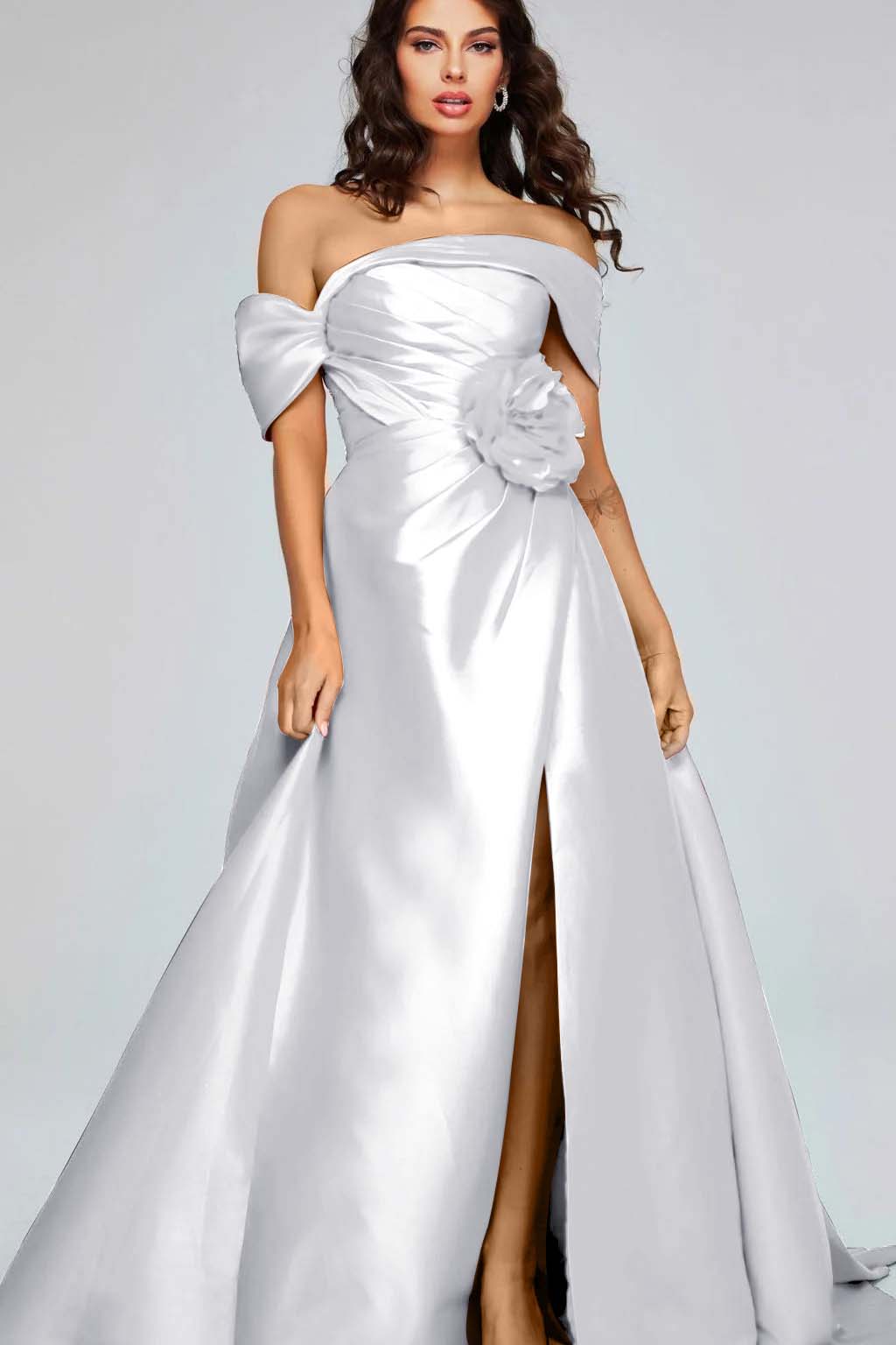 Off the Shoulder Sleeveless Long Split Prom Dress With Pleated