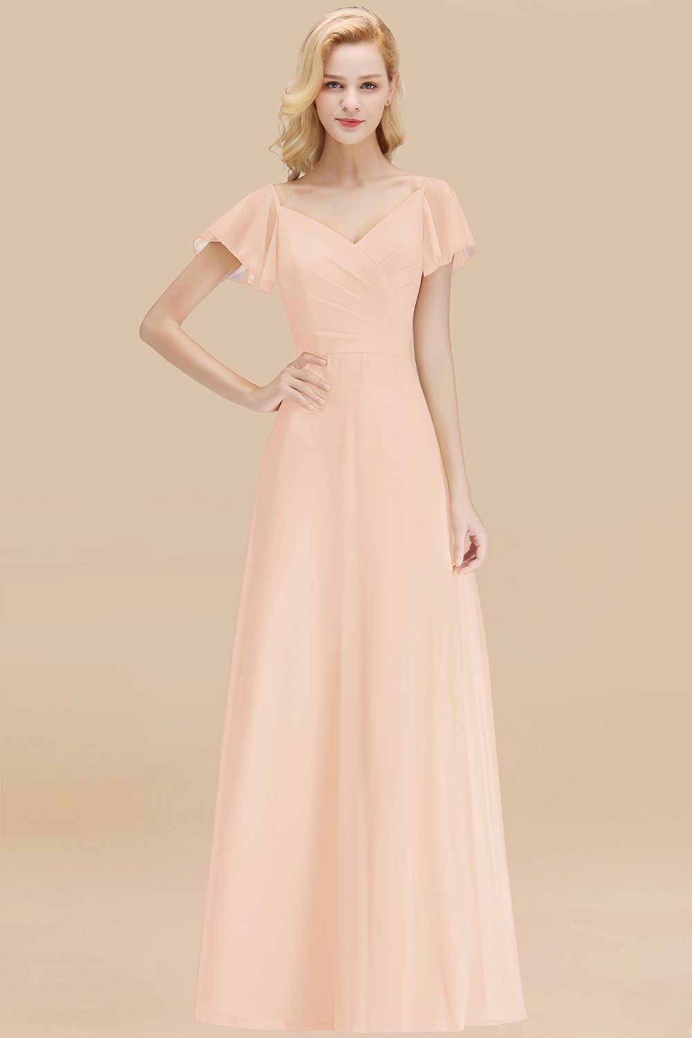 BMbridal Elegent Short-Sleeve Long Bridesmaid Dress Online Yellow Chiffon Wedding Party Dress-BMbridal