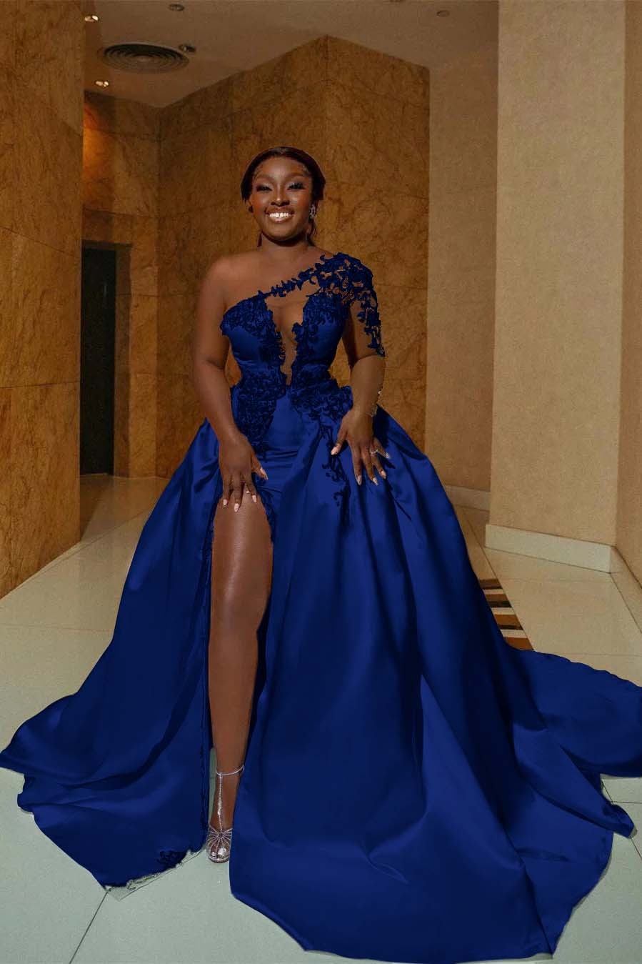 One Shoulder Sleeveless Long Split Prom Dress With Appliques