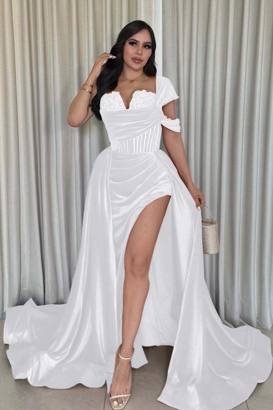 One Shoulder Sleeveless Long Mermaid Prom Dress With Split Pleated