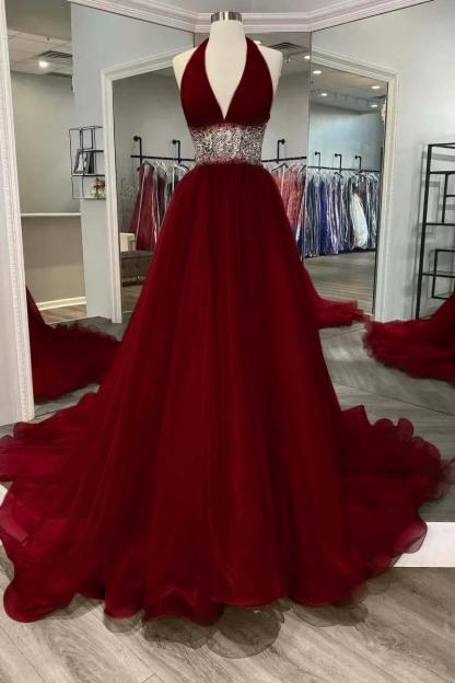 Halter Deep V Neck Sleeveless Long Prom Dress With Beading Ruffle