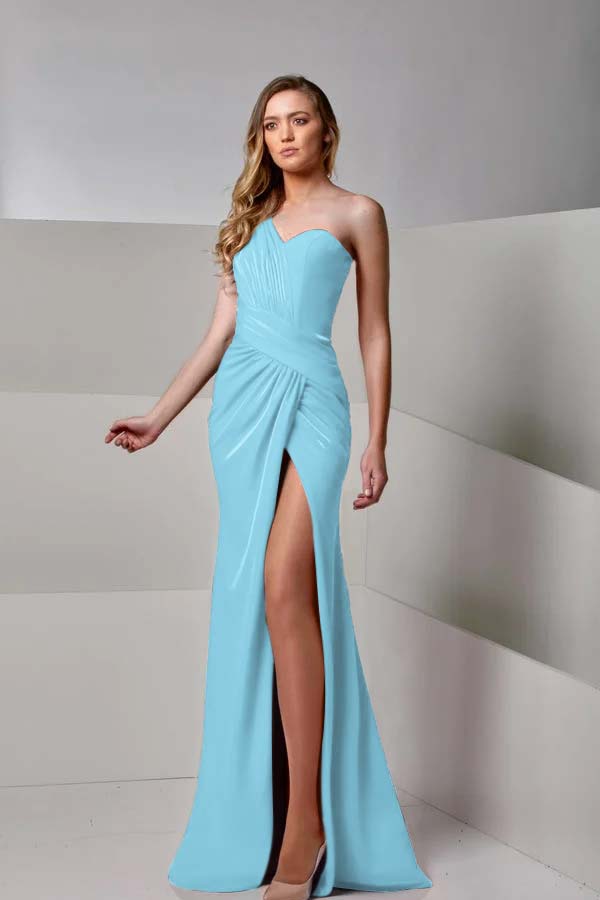 One Shoulder Sleeveless Long Mermaid Split Prom Dress With Pleated
