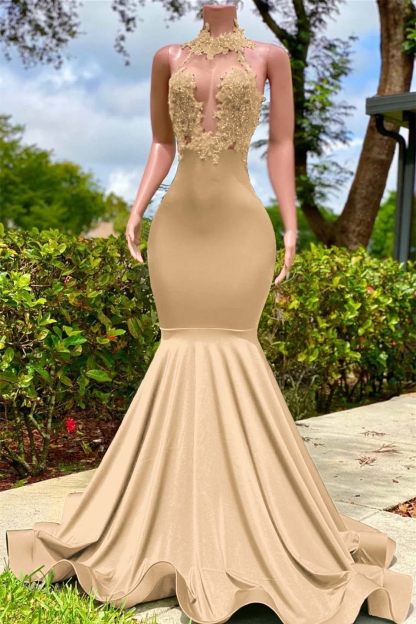 Halter Sleeveless Long Mermaid Prom Dress With Appliques Ruffles