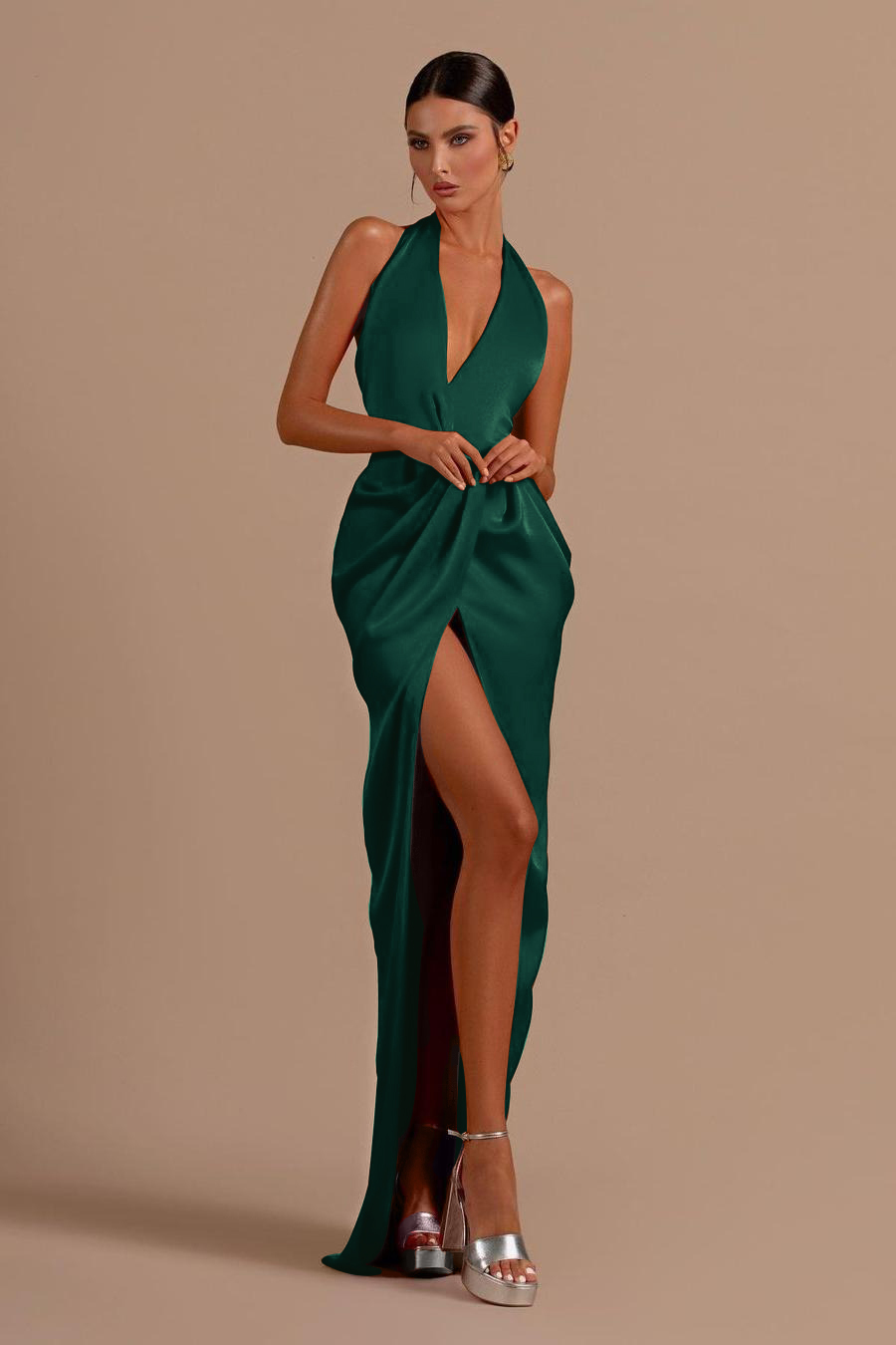 Red Halter Sleeveless Backless Long Prom Dress With Front Split