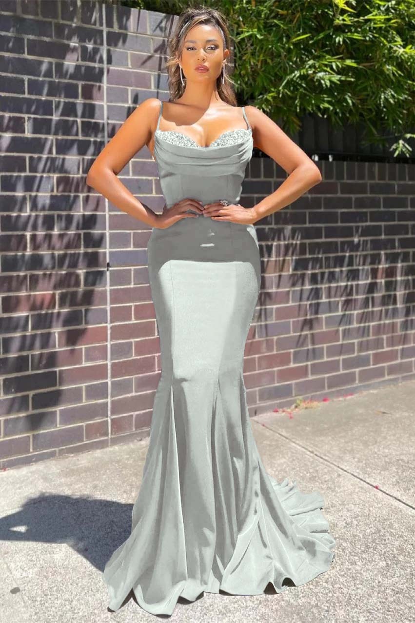 Long Spaghetti Strap Sleeveless Mermaid Ruffles Prom Dress With Beadings