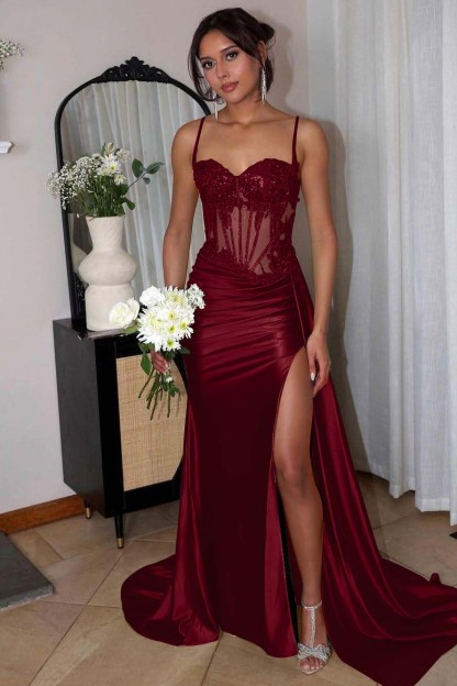 Spaghetti Strap Sleeveless Split Long Mermaid Prom Dress With Appliques
