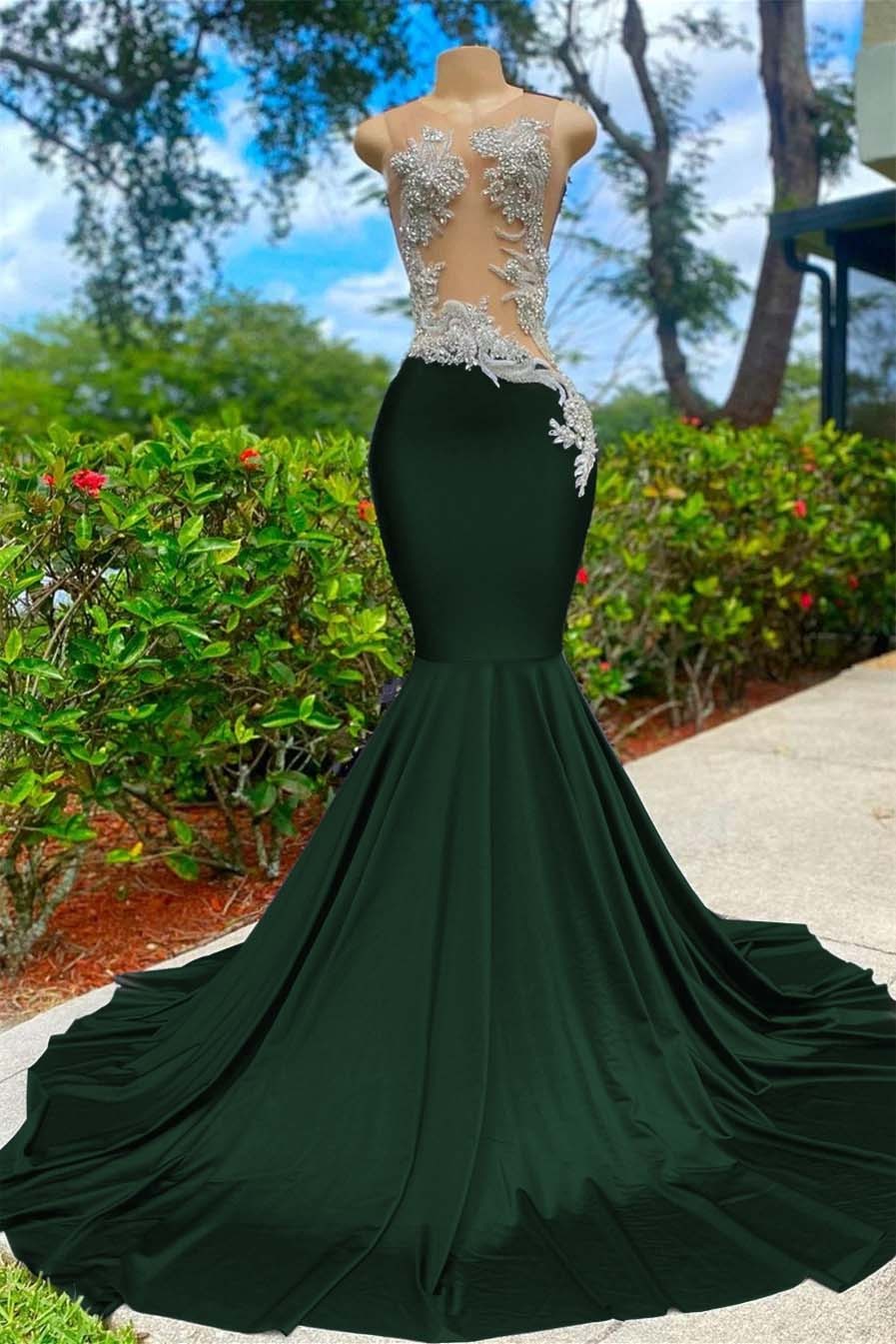 Shining Sleeveless V Neck Mermaid Long Prom Dress With Appliques