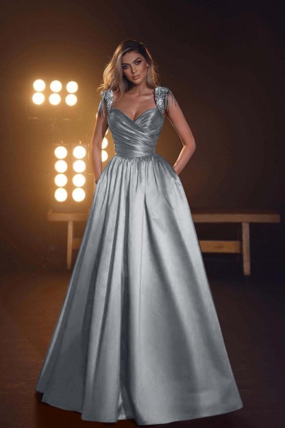Straps Sleeveless Long Prom Dress With Pleated Pockets Sequins