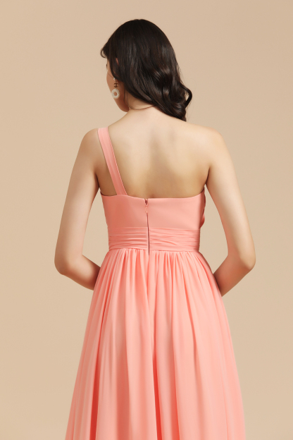 Elegant A-line One Shoulder Coral Chiffon Long Bridesmaid Dress-BMbridal