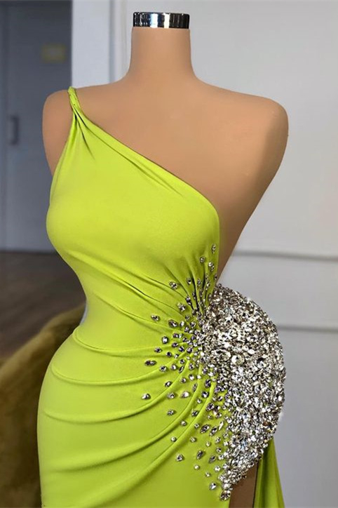 One Shoulder Sleeveless Mermaid Long Prom Dress Green Beadings With Split