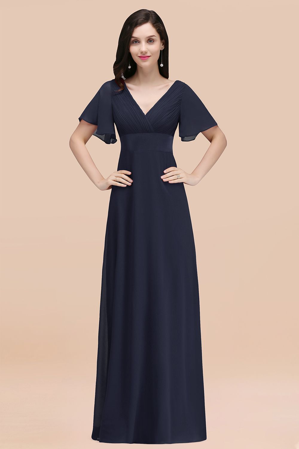 BMbridal Affordable V-Neck Ruffle Long Burgundy Bridesmaid Dress With Short-Sleeves-BMbridal