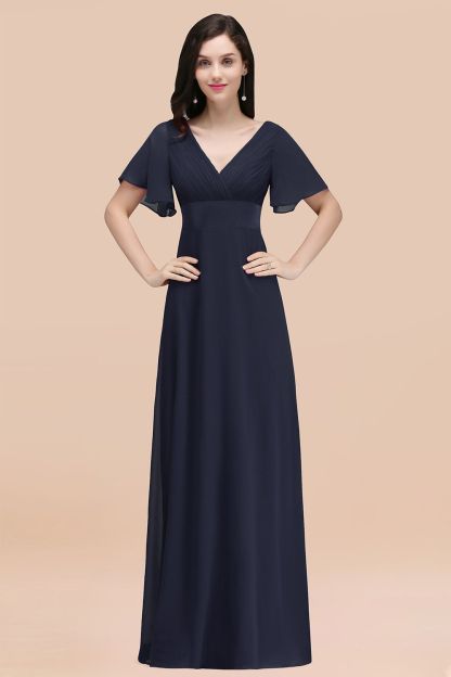 BMbridal Affordable V-Neck Ruffle Long Burgundy Bridesmaid Dress With Short-Sleeves-BMbridal