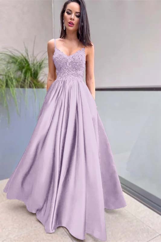 Royal Blue Sleeveless Lace A Line Long Prom Dress Appliques With Pockets