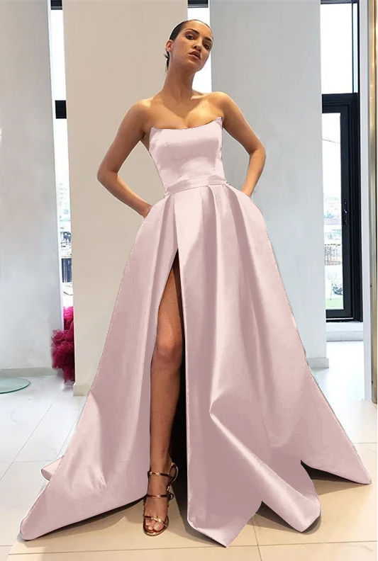 Chic Strapless Burgundy Sleeveless A Line Long Prom Dress With Front Split