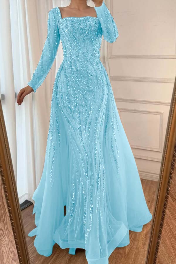 Square Neck Long Sleeves Long Mermaid Prom Dress With Beading Tulle