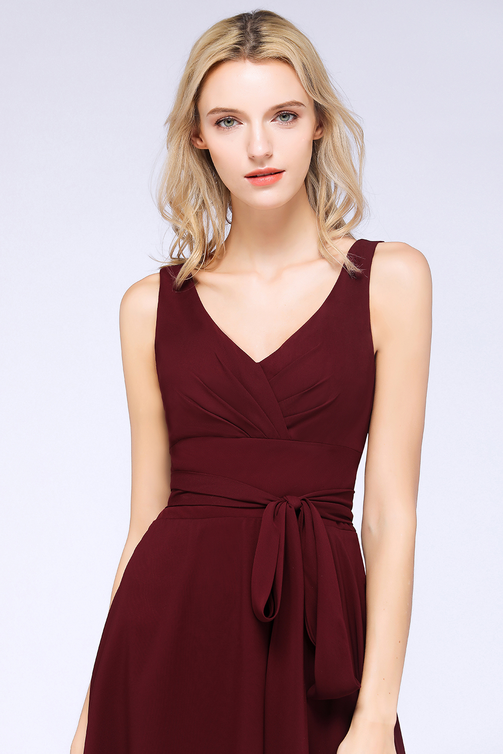 BMbridal Elegant Straps V-Neck  Ruffle Short Burgundy Bridesmaid Dress with Bow Sash-BMbridal
