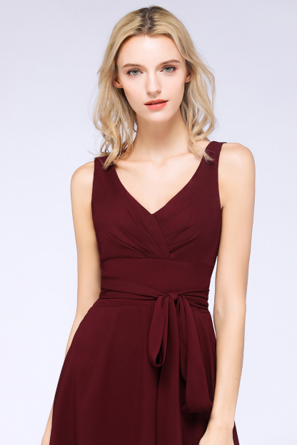 BMbridal Elegant Straps V-Neck  Ruffle Short Burgundy Bridesmaid Dress with Bow Sash-BMbridal