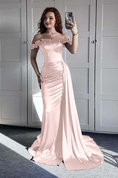 Off the Shoulder Sleeveless Mermaid Long Prom Dress With Ruffles