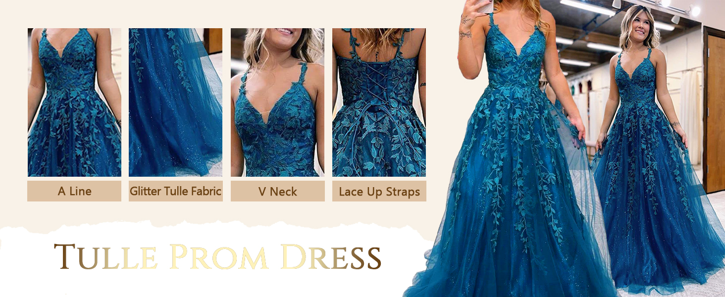 Sparkly Tulle Lace Appliques Prom Dresses Long with Slit for Women