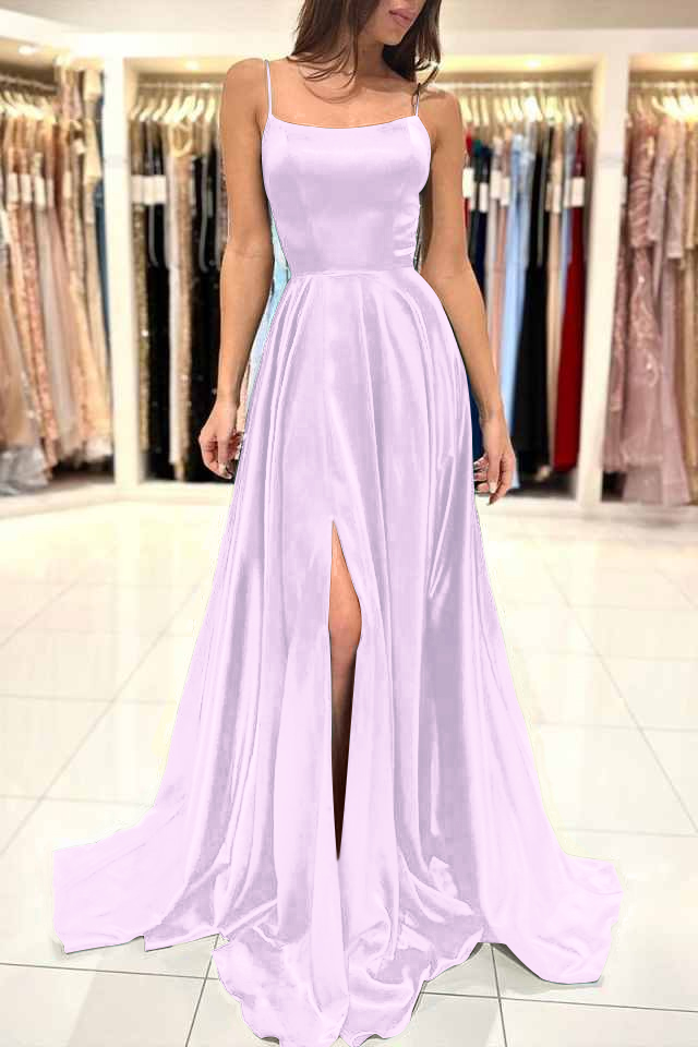 Spaghetti Strap Split Simple Long Prom Dress Green A Line