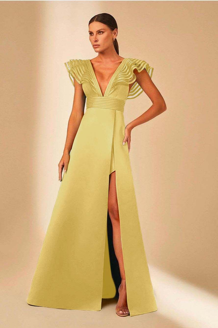 Deep V Neck Sleeveless A Line Long Prom Dress With Front Split