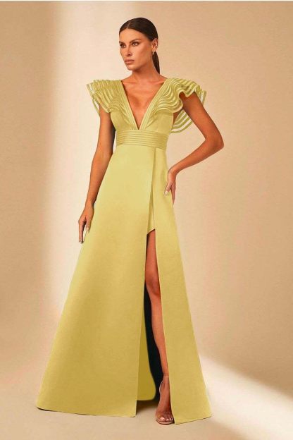 Deep V Neck Sleeveless A Line Long Prom Dress With Front Split