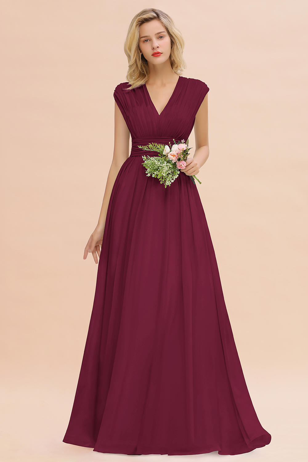 BMbridal Elegant Chiffon V-Neck Ruffle Long Bridesmaid Dresses Affordable-BMbridal