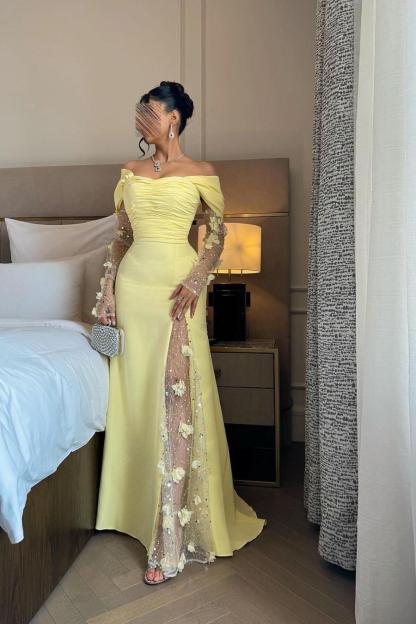 Off the Shoulder Long Sleeves Long Prom Dress With Split Appliques