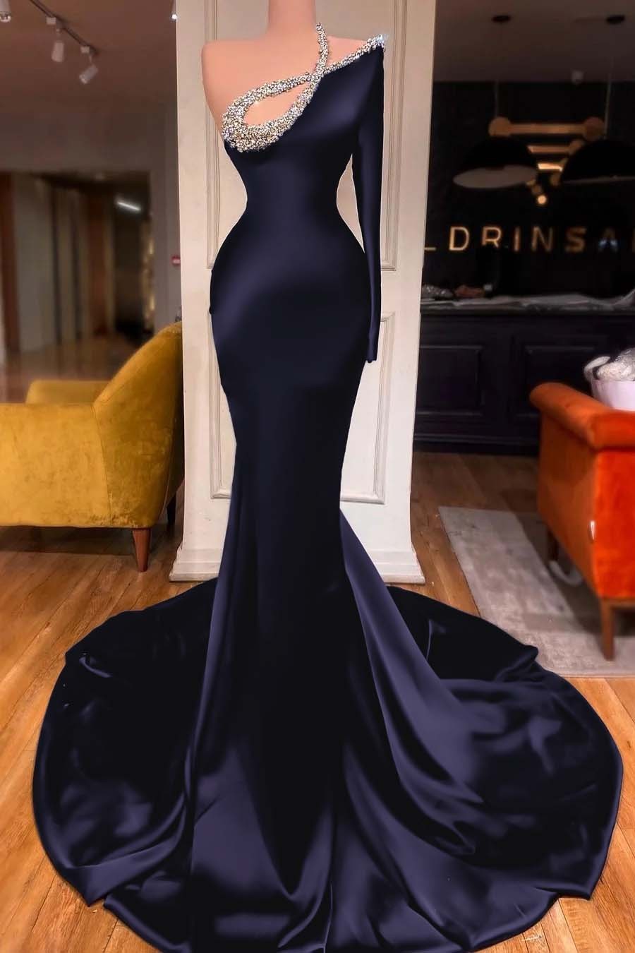 One Shoulder Long Sleeve Mermaid Long Prom Dress With Beading