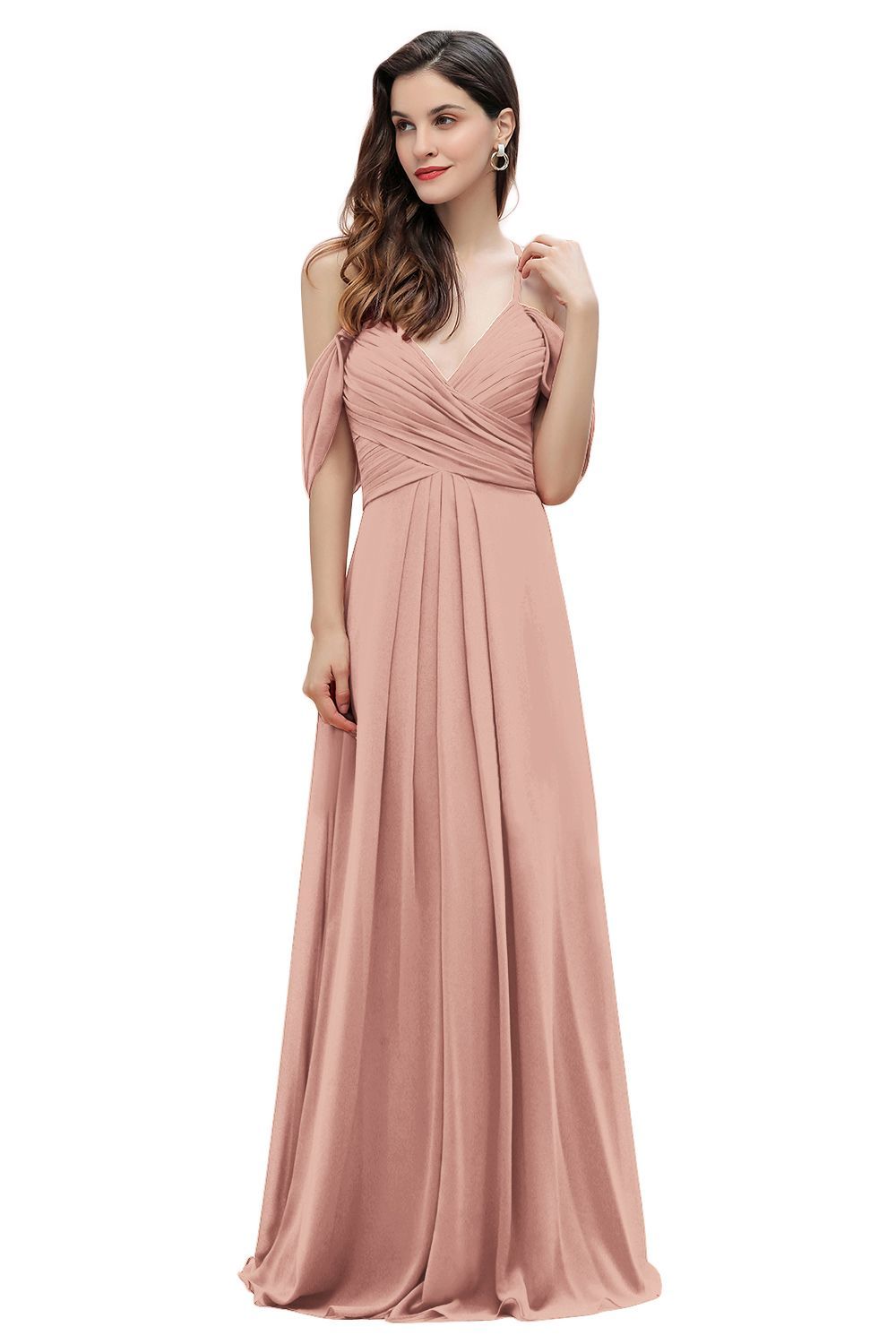 Elegant A-line Off-the-Shoulder V-neck Ruched Long Bridesmaid Dress-BMbridal