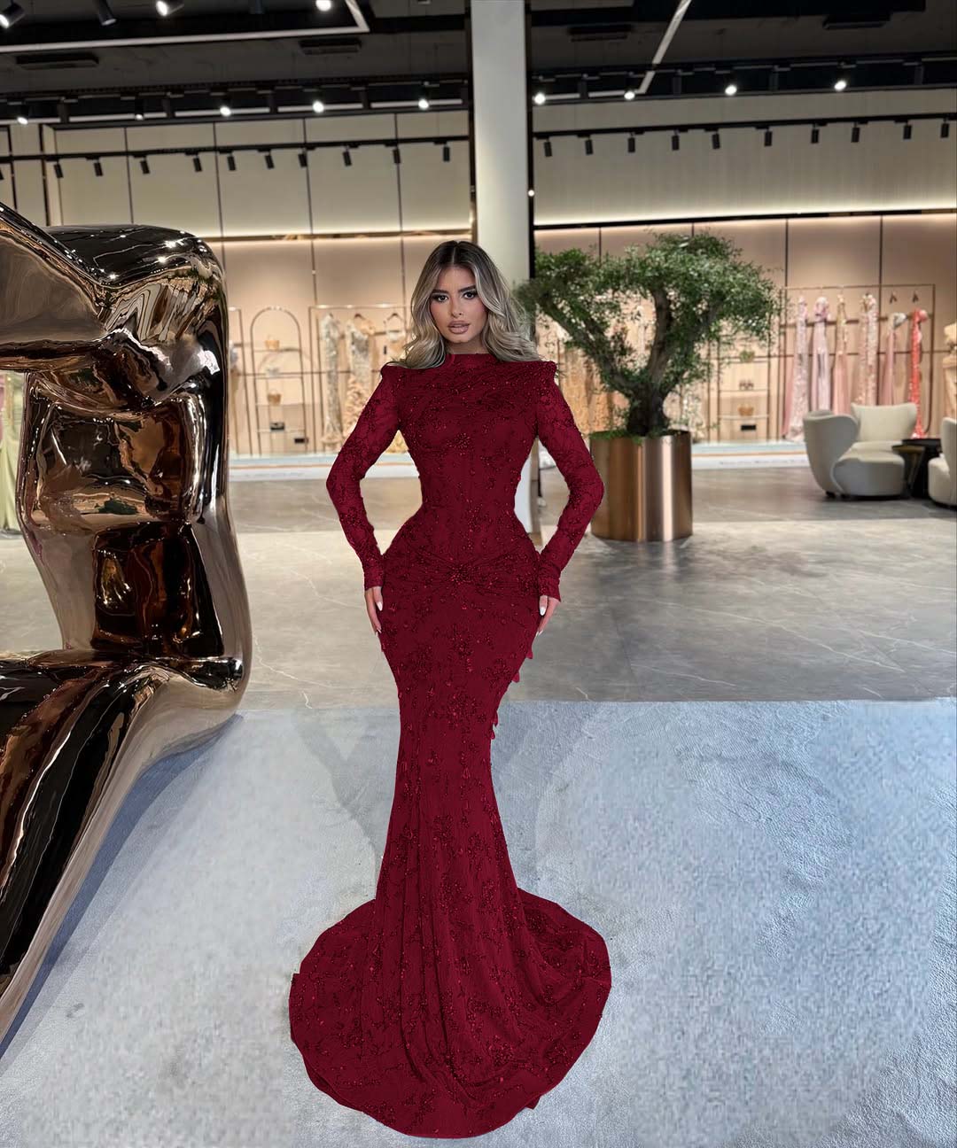High Neck Long Sleeves Long Mermaid Prom Dress With Beading Pleated