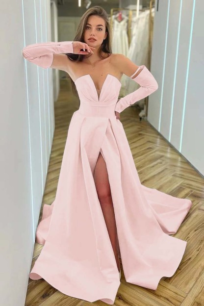 Chic White A Line V Neck Long Sleeves High Waist Long Prom Dress With Split
