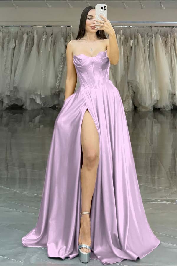 Strapless Sleeveless Long High Split Prom Dress With Pleated