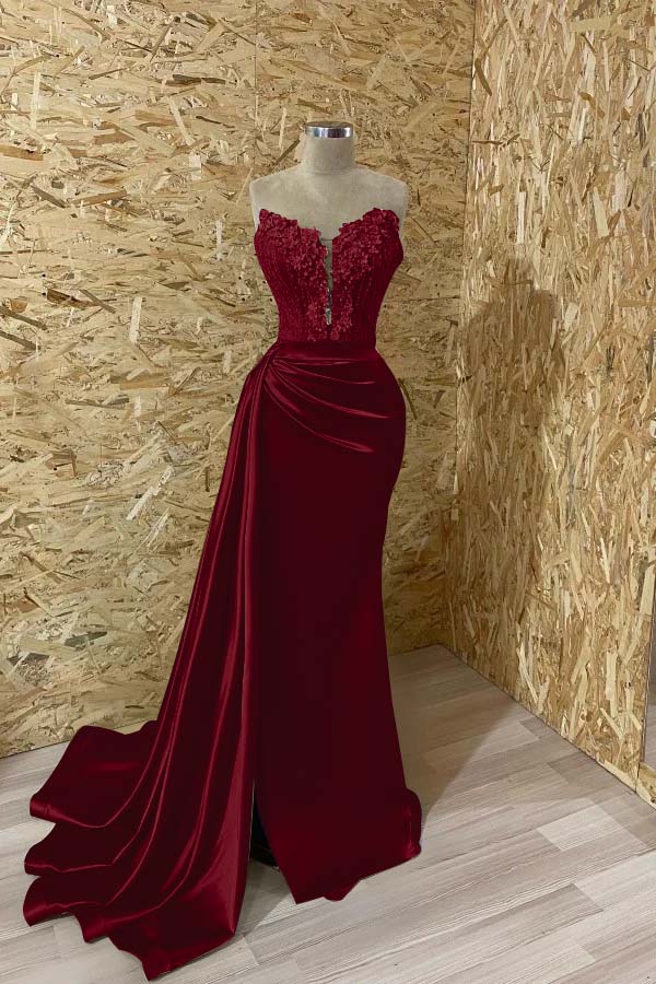 Sleeveless Strapless Mermaid Prom Appliques Dress With Split
