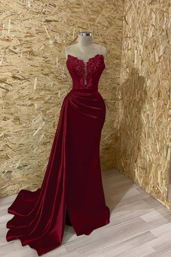 Sleeveless Strapless Mermaid Prom Appliques Dress With Split