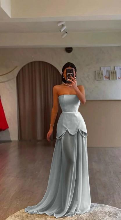 White Strapless Sleeveless Long Prom Dress With Pleated Beading