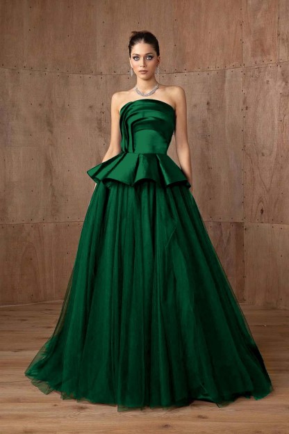Tulle Strapless Sleeveless A Line Long Prom Dress With Ruffles