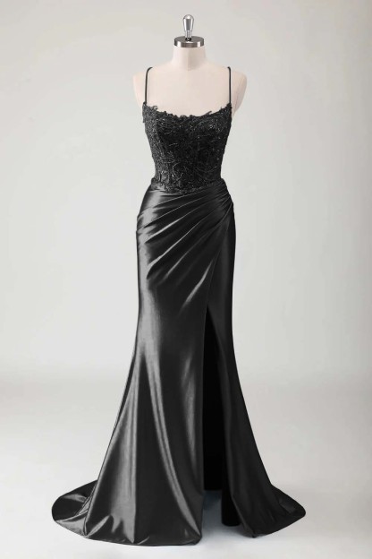 Spaghetti Strap Sleeveless Long High Split Prom Dress With Appliques