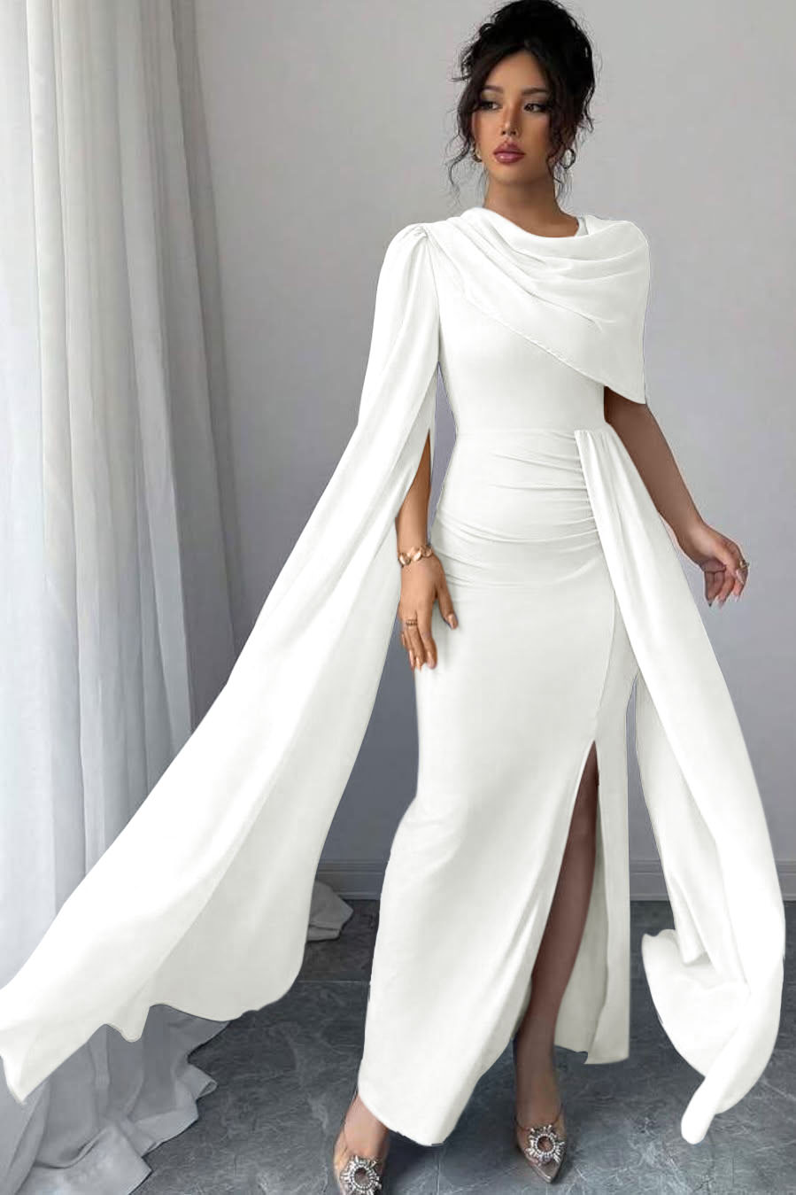 Sleeveless Jewel Neck Long Mermaid Prom Dress With Split Pleated