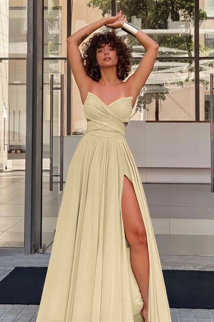 Strapless Sleeveless Long High Split Prom Dress With Pleated