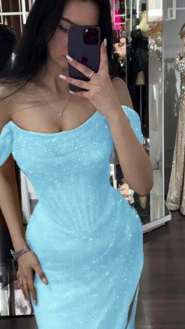 Sequins Off the Shoulder Sleeveless Long Prom Dress With Split