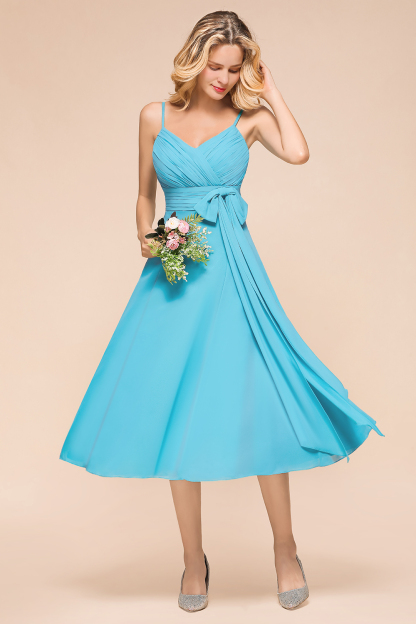 BMbridal Affordable Spaghetti Straps Blue Chiffon Bridesmaid Dress with Ruffle-BMbridal